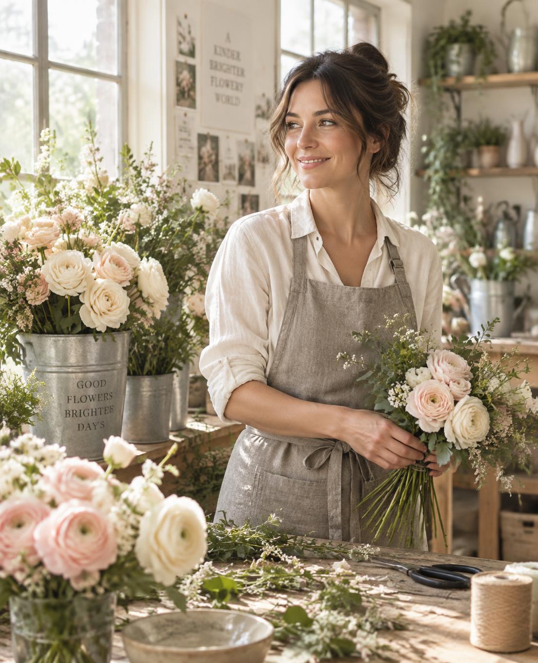 Camryn, florist and wedding planner, standing at a sunlit studio worktable