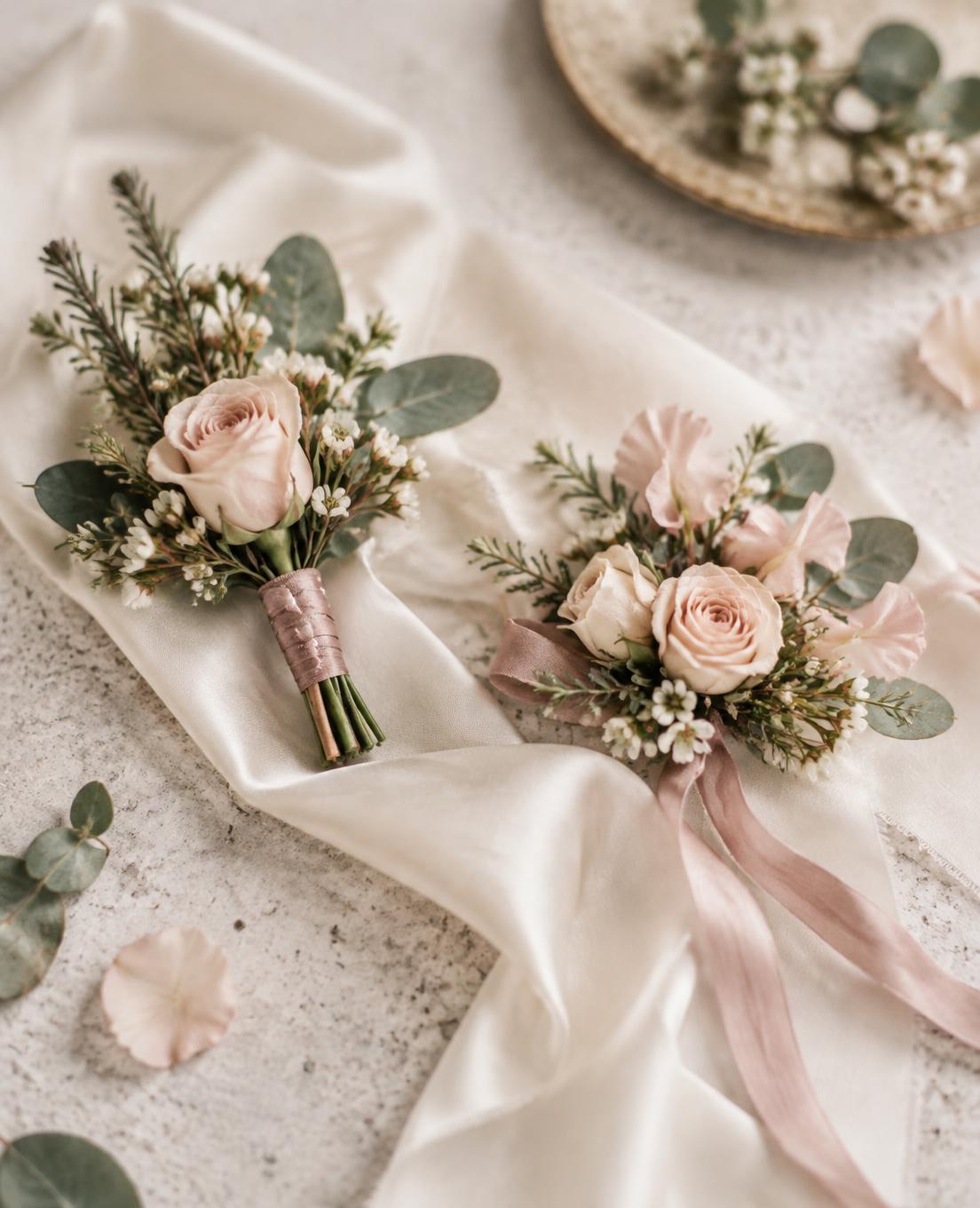 Boutonniere and corsage resting on ivory ribbon