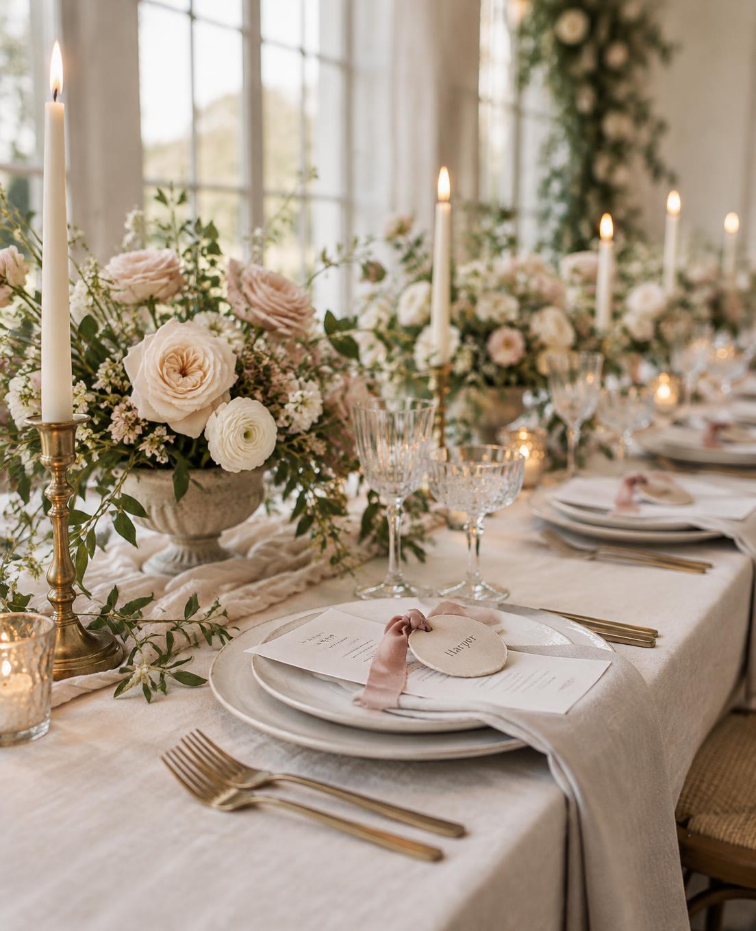 Low compote centerpieces on a long reception table