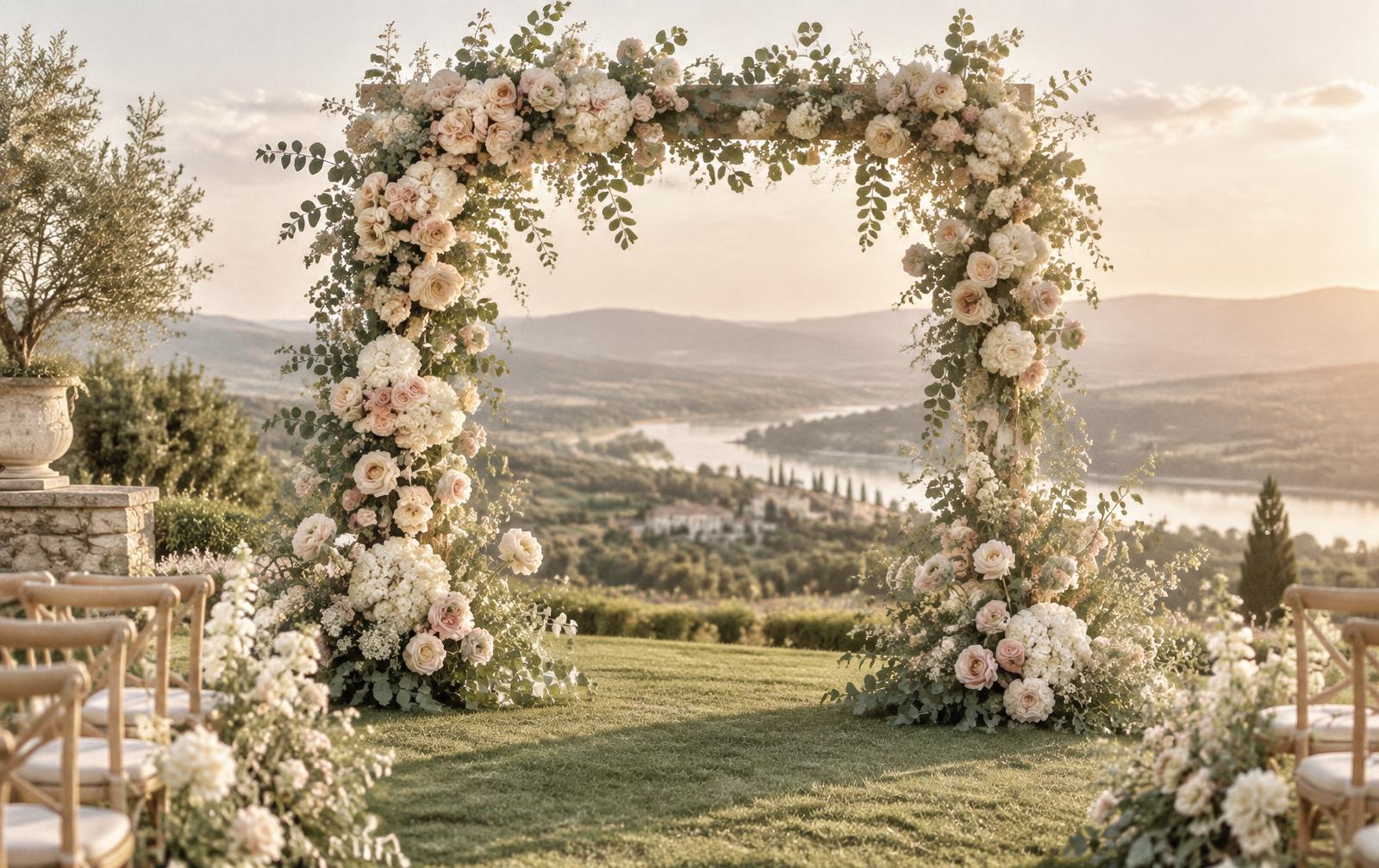 Blush and sage ceremony arch on a grass lawn