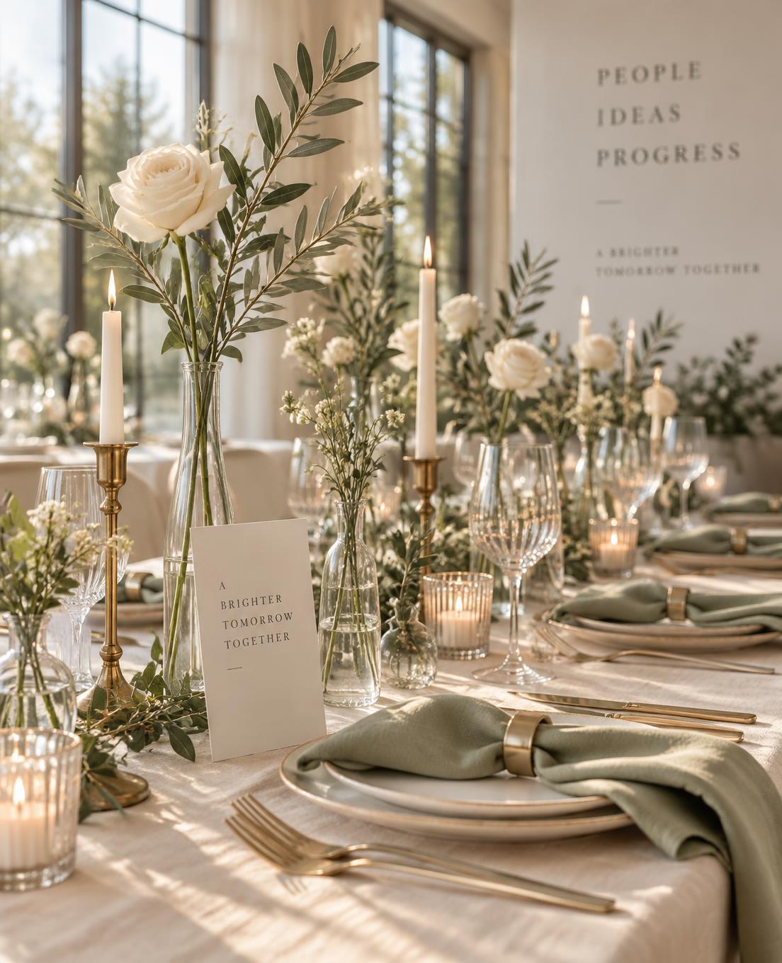 Cream and sage tablescape with tall bud vases for a styled event