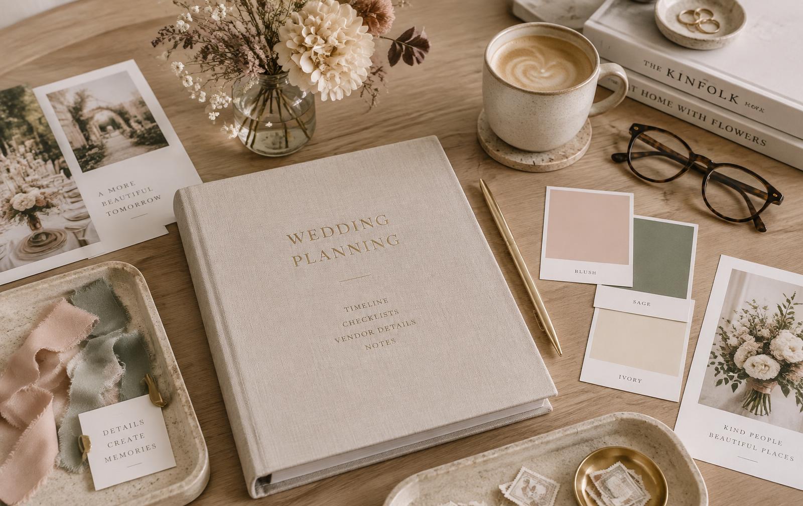 Styled planning flat lay with timeline binder and color swatch cards