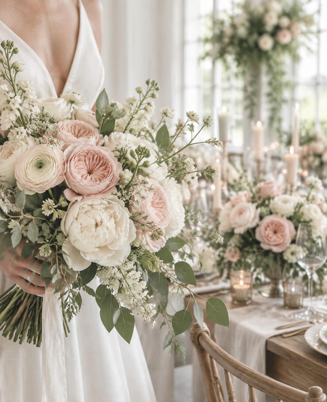 Romantic ivory and blush bridal bouquet with airy greenery